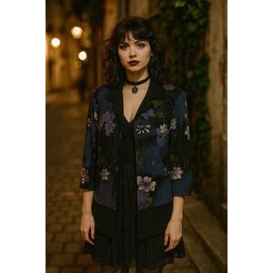 Vintage 14 Whimsigoth Y2K Retro Dark Fairycore Purple Blue Floral Texture Jacket